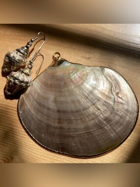 Vintage Gold Trimmed Sea Shell Earrings and Pendant (no chain included)